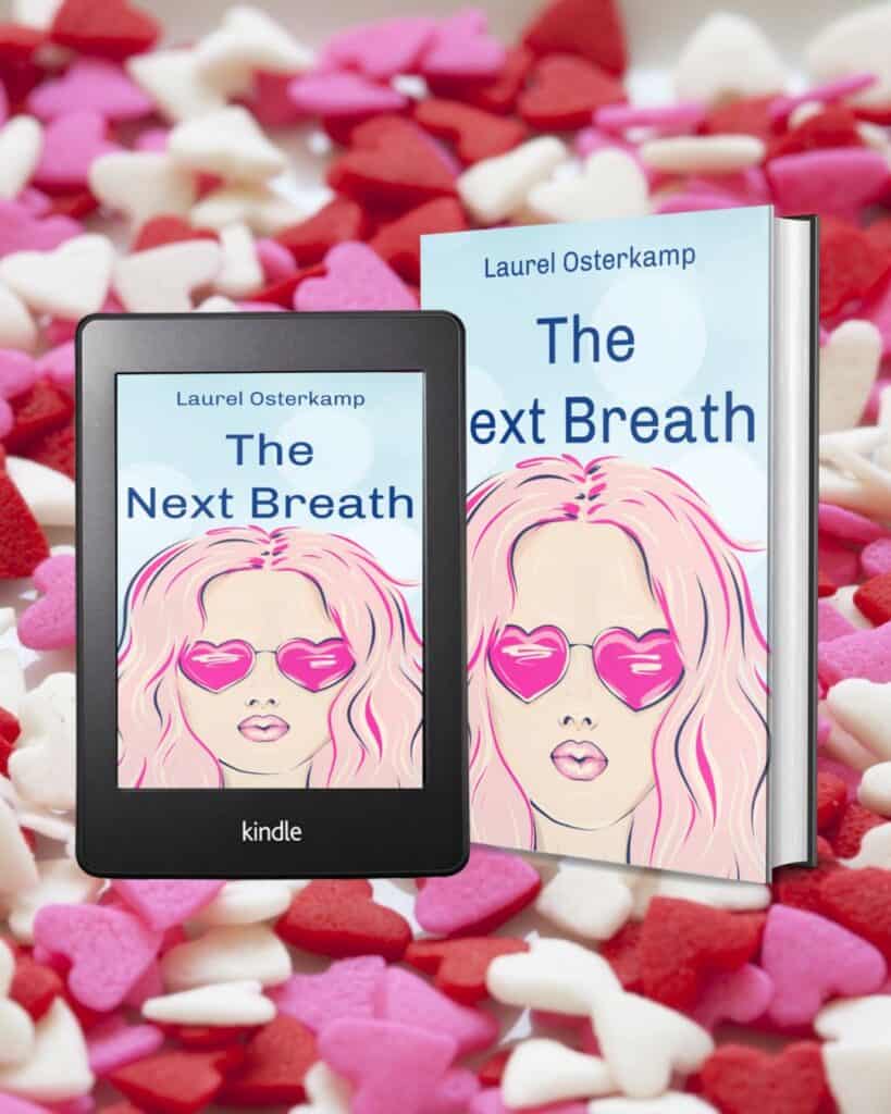 Digital book cover of "The Next Breath" by Laurel Osterkamp with pink heart-shaped sunglasses illustration.