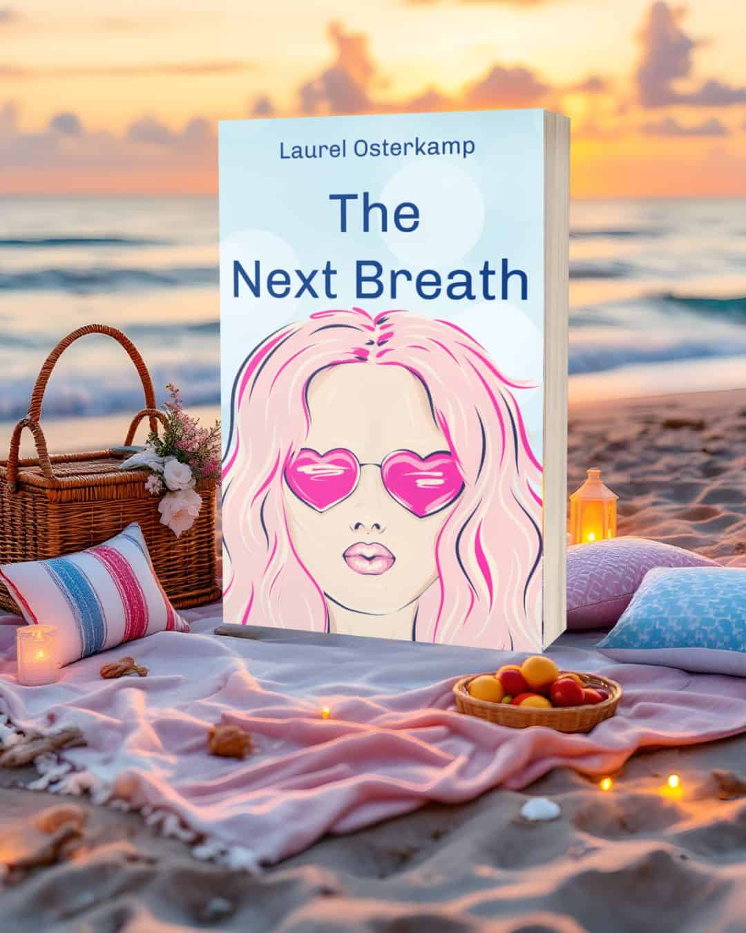 Deep pink sunglasses, beach sunset, printed book, summer travel, relaxed reading, ocean backdrop, outdoor reading nook, relaxing beach vibes, book on beach sand.