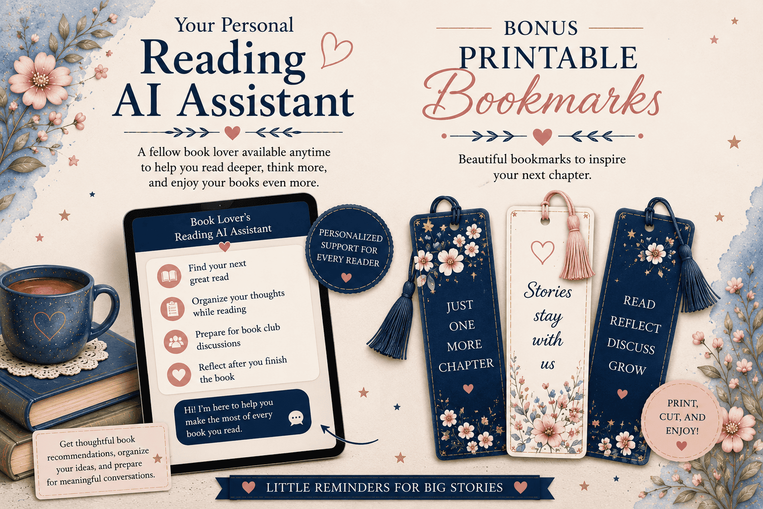 Book Lover's Reading AI Assistant and printable floral bookmarks