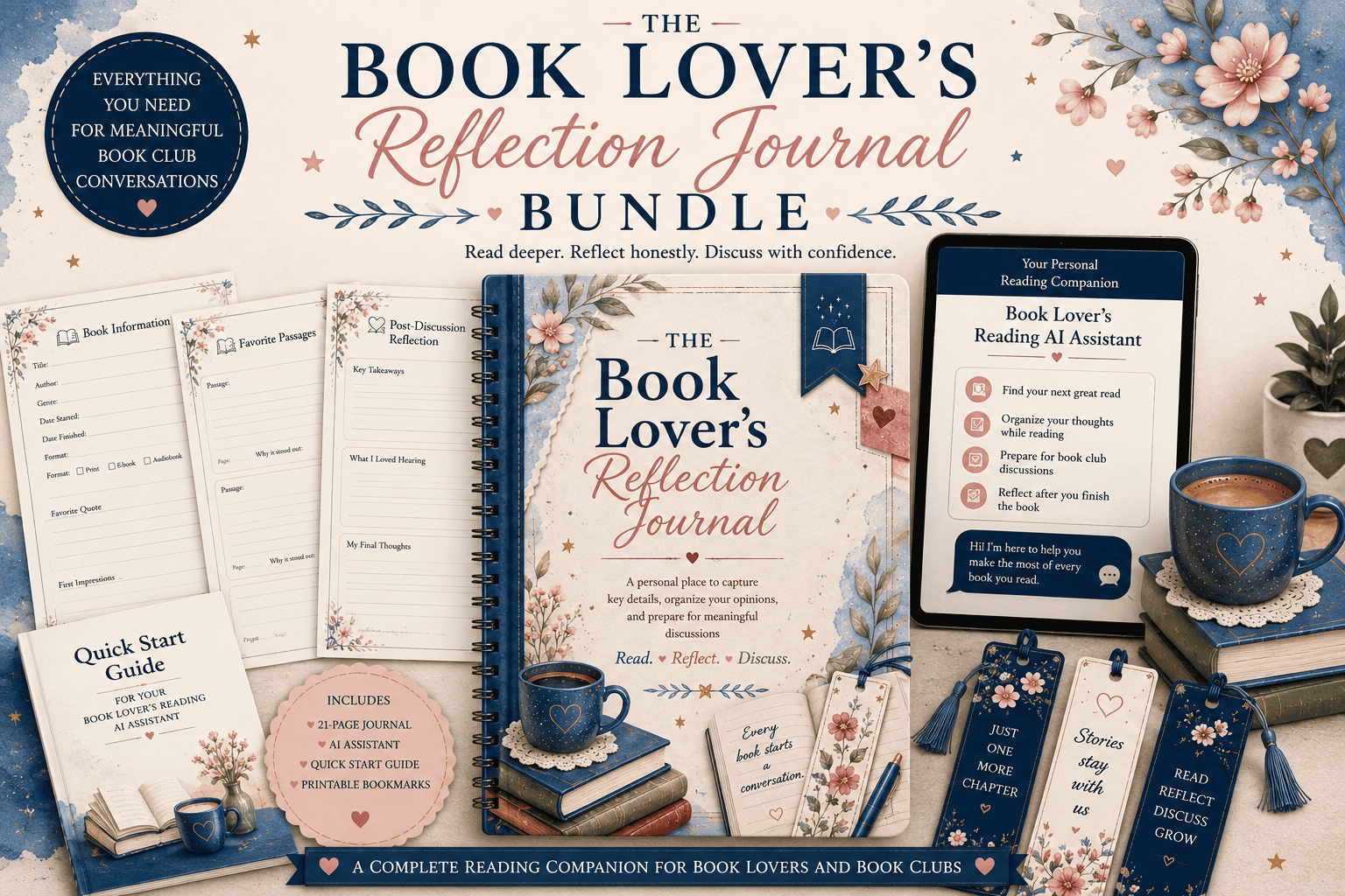Book Lover's Reflection Journal Bundle with the journal, Reading AI Assistant, Quick Start Guide, and printable bookmarks