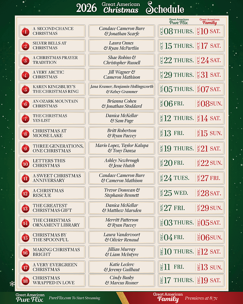 Great American Pure Flix Christmas 2026: Four New Christmas Movies to Watch in October 2 Great American Pure Flix Christmas 2026: Four New Christmas Movies to Watch in October 1
